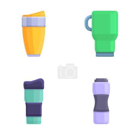 Thermo cup icons set cartoon vector. Thermal mug and thermos. Termo container for warm drink