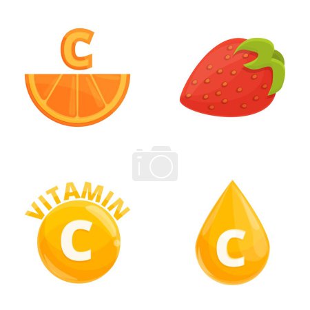 Los iconos de vitamina C establecen el vector de dibujos animados. Fruta fresca enriquecida con ácido ascórbico. Alimentación dietética, producto ecológico