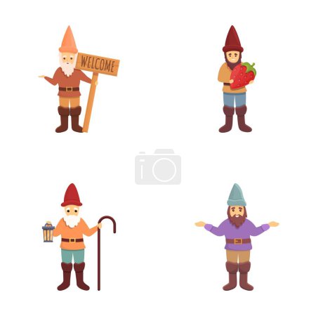 Garden gnome icons set cartoon vector. Funny garden decoration gnome. Fairytale character
