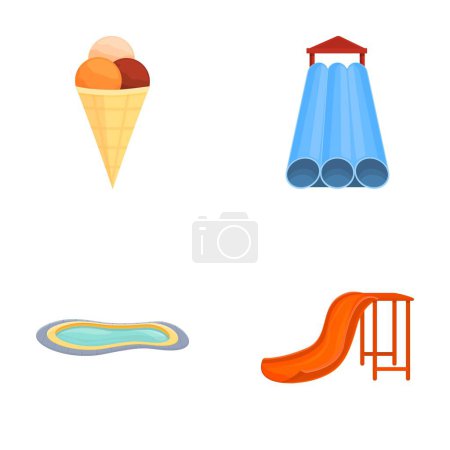 Aquapark rest icons set cartoon vector. Summer holiday in water park. Active leisure