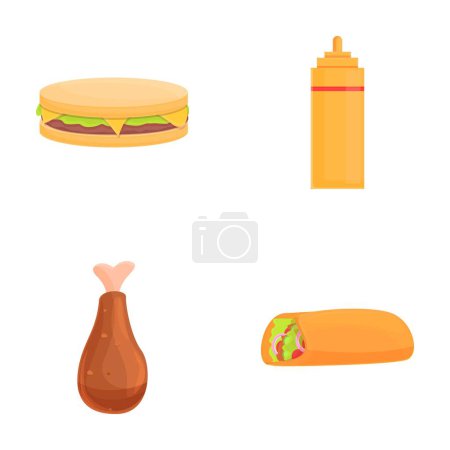 Fast-Food-Ikonen setzen Cartoon-Vektor. Gebratenes Huhn, Sandwich, Burrito und Senf. Ungesunde Ernährung, Streetfood