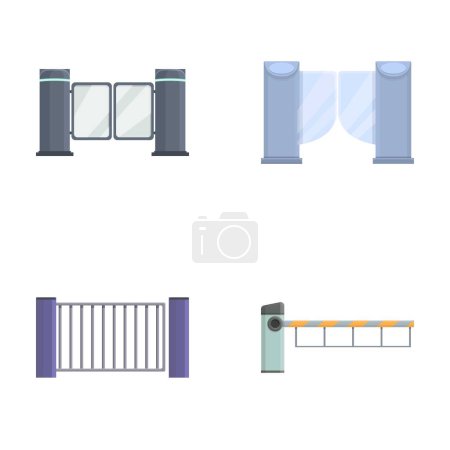 Gate icons set cartoon vector. Various type of automatic gate and turnstile. Mechanical obstacle, equipment