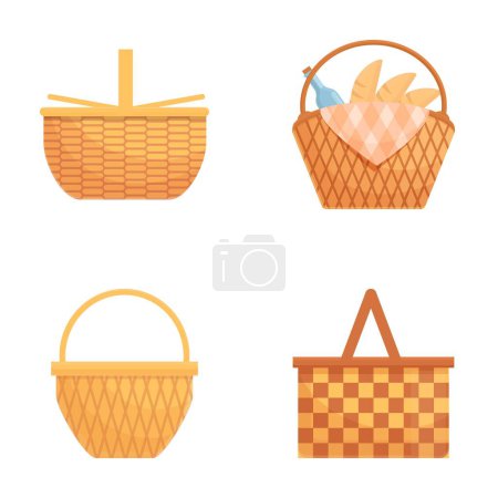 Picnic cesta iconos conjunto de dibujos animados vector. Cesta de mimbre llena de comida. Descanso verano