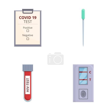 Coronavirus test icônes définir vecteur de dessin animé. Résultats positifs au test de dépistage du covidé. Pandémie mondiale de virus