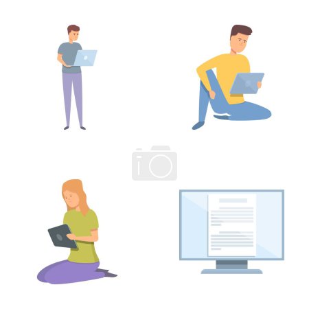 Digital book icons set cartoon vector. People reading book in online library. Modern educational technology