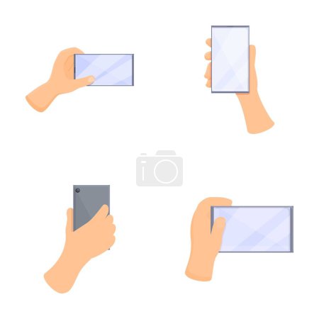 Smartphone icons set cartoon vector. Hand holding mobile phone. Modern technology