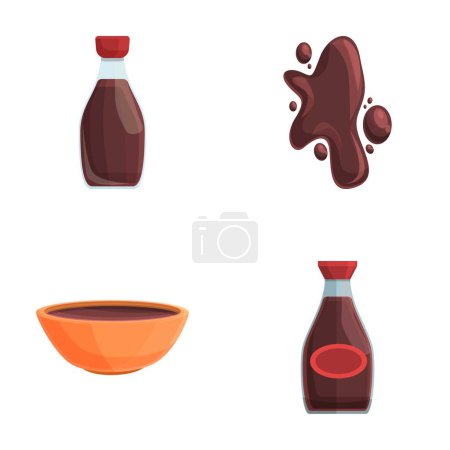 Soy sauce icons set cartoon vector. Soy sauce in glass bottle and bowl. Liquid seasoning