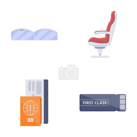 Icônes de voyage aérien définir vecteur de dessin animé. Attribut de voyager en avion. Vacances, tourisme