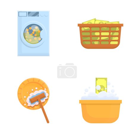 Laundering money icons set cartoon vector. Laundering of money in washer. Dirty money, corruption, fraud