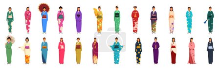 Joven chica kimono iconos conjunto de dibujos animados vector. Mujer japonesa. Ropa tradicional