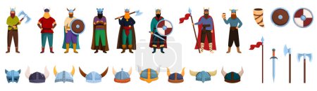 Illustration for Viking helmet icons set cartoon vector. Medieval nordic warrior. Game asset - Royalty Free Image