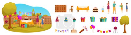 Birthday outside party icons set cartoon vector. Cake food. Family friends in garden