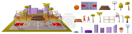 Illustration for Street basketball court icons set cartoon vector. Outdoor city arena. Town playground - Royalty Free Image