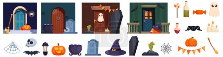 Halloween iconos del pórtico conjunto vector de dibujos animados. Bienvenida decoración. Calabaza brillante