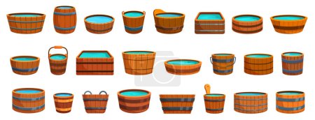Iconos de baños de madera conjunto vector de dibujos animados. Baño interior. Cuidado bañera de hidromasaje