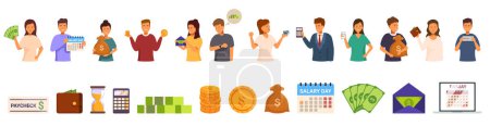 People payday icons set cartoon vector. Event paycheck. Salary payroll