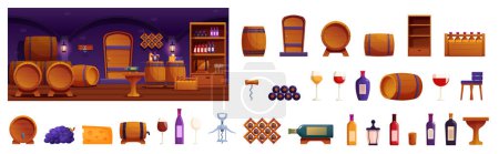 Illustration for Wine cellar interior icons set cartoon vector. Wooden barrel. Shelf rack alcohol - Royalty Free Image