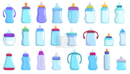 Fütterung Flasche Symbole setzen Cartoon-Vektor. Brustwarzen für Neugeborene. Waagschale aus Plastik