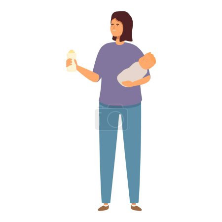 Ilustración de Niñera alimentándose con el icono de la leche vector de dibujos animados. Lindo desesperado. Niño cansado - Imagen libre de derechos