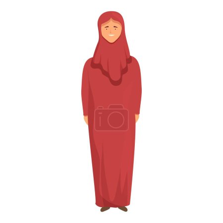 Linda chica musulmana en el icono rojo vector de dibujos animados. Religión tradicional. Fiesta de celebración