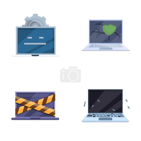 Illustration for Computer repair icons set cartoon vector. Various broken personal computer. Repair service, maintenance - Royalty Free Image