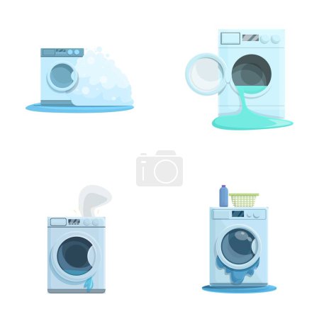 Waschmaschinensymbole setzen Cartoon-Vektor. Kaputte Waschmaschine. Reparatur von Haushaltsgeräten
