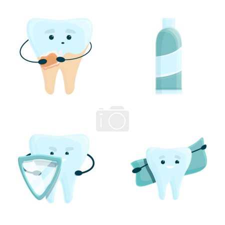 Téléchargez les illustrations : Les soins dentaires icônes définir vecteur de dessin animé. Dent avec dentifrice et bouclier. Soins de santé, dentisterie - en licence libre de droit