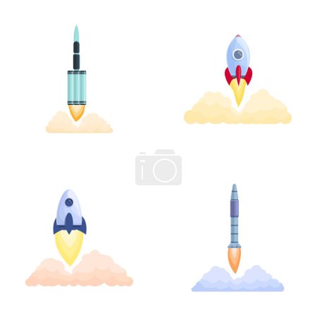 Rocket launch icons set cartoon vector. Spacecraft launch and fire flame. Aviation and space