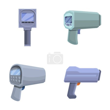Speed radar icons set cartoon vector. Modern digital speed radar equipment. Limit speed tool
