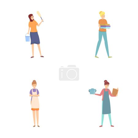 Illustration for Woman housewife icons set cartoon vector. Modern housewife does housework. Housekeeping concept - Royalty Free Image