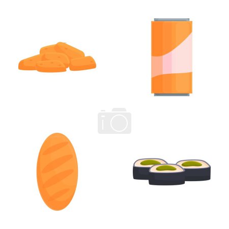 Food icons set cartoon vector. Seafood, bread, dessert and drink. Nutrition, various food
