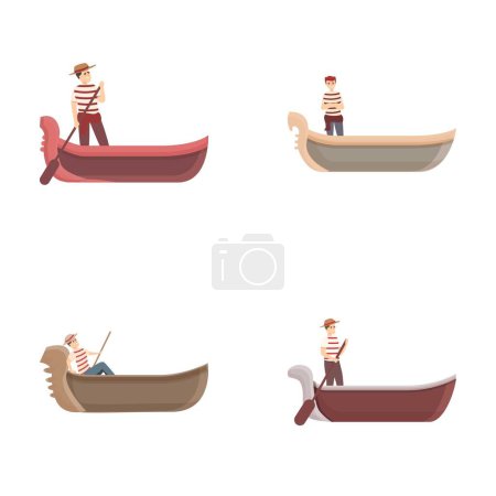 Venecia iconos de góndola conjunto vector de dibujos animados. Barco italiano con gondolero. Europa viajando