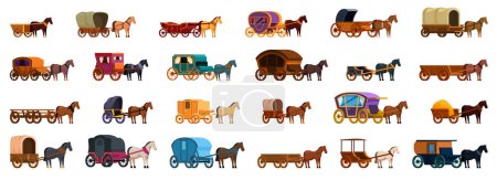 Illustration for Horse vehicles icons set cartoon vector. Animal work. Wagon transportation - Royalty Free Image