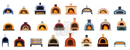 Pizza iconos horno conjunto vector de dibujos animados. Restaurante italiano. Proceso tradicional