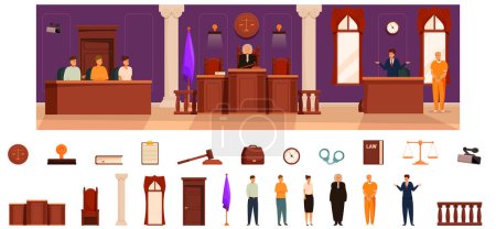 Los iconos de la sala de juicios establecen un vector de dibujos animados. Juez de escritorio. Tribunal de la sala