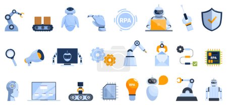 Téléchargez les illustrations : Icônes RPA définir vecteur de dessin animé. Processus d'automatisation. Innovation de l'information - en licence libre de droit