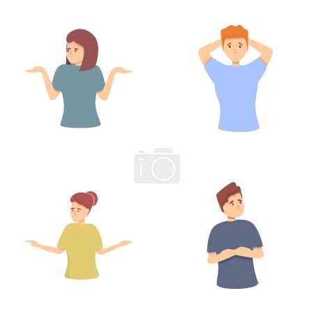 Ambiguous icons set cartoon vector. Confused character does not know what to do. Making decision