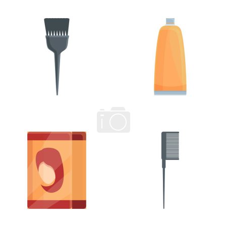 Illustration for Hair coloring icons set cartoon vector. Equipment for hair dyeing. Professional cosmetic - Royalty Free Image