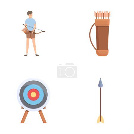 Illustration for Archery icons set cartoon vector. Shooter and equipment for archery. Shooting sport - Royalty Free Image