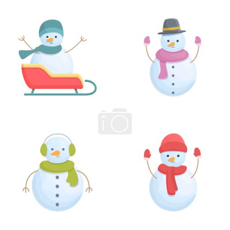 Illustration for Cute snowmen icons set cartoon vector. Various cheerful christmas snowman. Merry christmas - Royalty Free Image