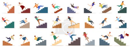 La gente cayendo por las escaleras iconos conjunto vector de dibujos animados. Seguro de salud. Riesgo de accidente