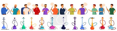 Ilustración de Hombre fumar iconos de narguile conjunto vector de dibujos animados. Salón de tabaco. Bar shisha relajarse - Imagen libre de derechos