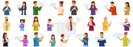 People holding white dove icons set cartoon vector. Peace symbol. Pigeon hope