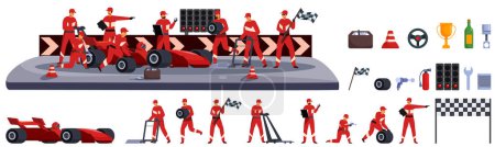Ilustración de Carreras de coches pit stop iconos conjunto vector de dibujos animados. Equipo actuando. Rápida velocidad - Imagen libre de derechos
