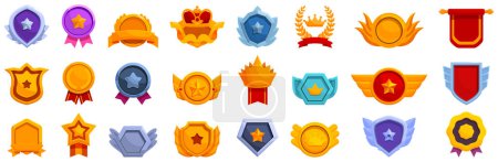 Royal trophy medal icons set cartoon vector. Insignia de forma. Rango de nivel estrella