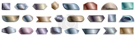 Ilustración de Iconos de placa de metal de acero conjunto vector de dibujos animados. Panel de hierro. Insignia del kit de etiqueta - Imagen libre de derechos
