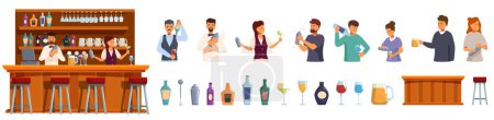 Bartender making cocktail icons set cartoon vector. Pub counter. Indoor shaker