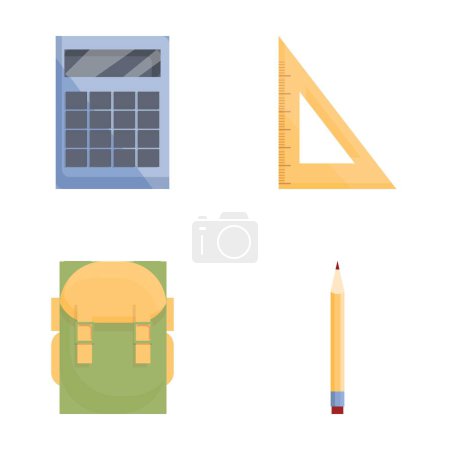 School accessory icons set cartoon vector. Backpack, calculator, ruler and pencil. Education concept