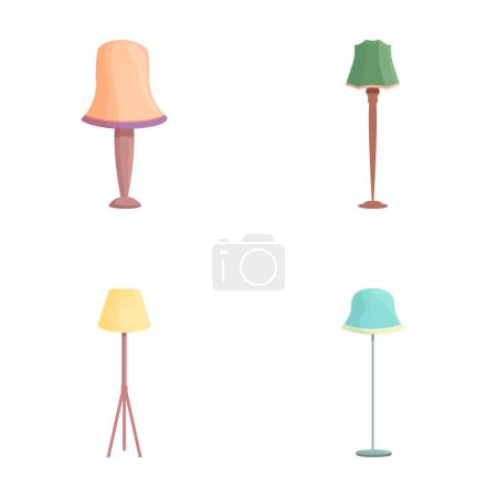 Torcher icons set cartoon vector. Floor torchere with various lampshade. Home illumination and decor element