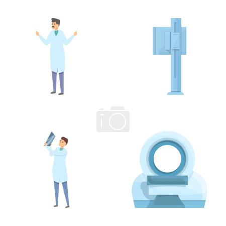 Icônes de diagnostic de rayons X définir vecteur de dessin animé. Docteur examiner l'image de rayons X du corps humain. Fluorographie, tomographie